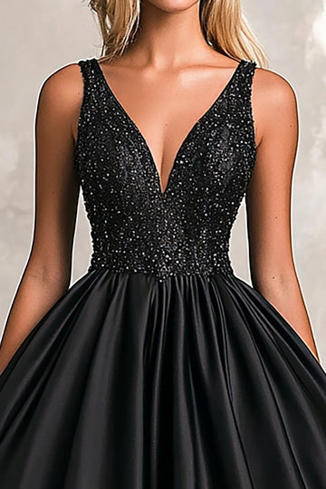 Sparkly Black A-Line V Neck Satin Long Prom Dress with Sequins